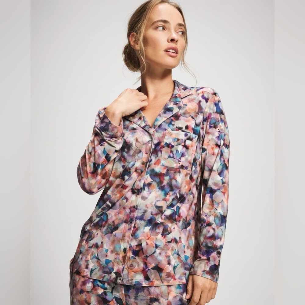 Soma Cool Nights Long-Sleeve Collar PJ Top - size L - Petal Mosaic Petrol - NWT